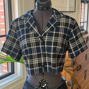 John Galt Brandy Melville Blue Plaid Cropped Button Short Sleeve Top One Size